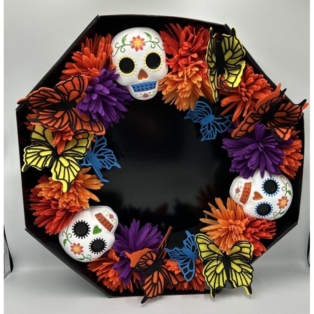Spooky Village Day Of The Dead Colorful Wreath NEW